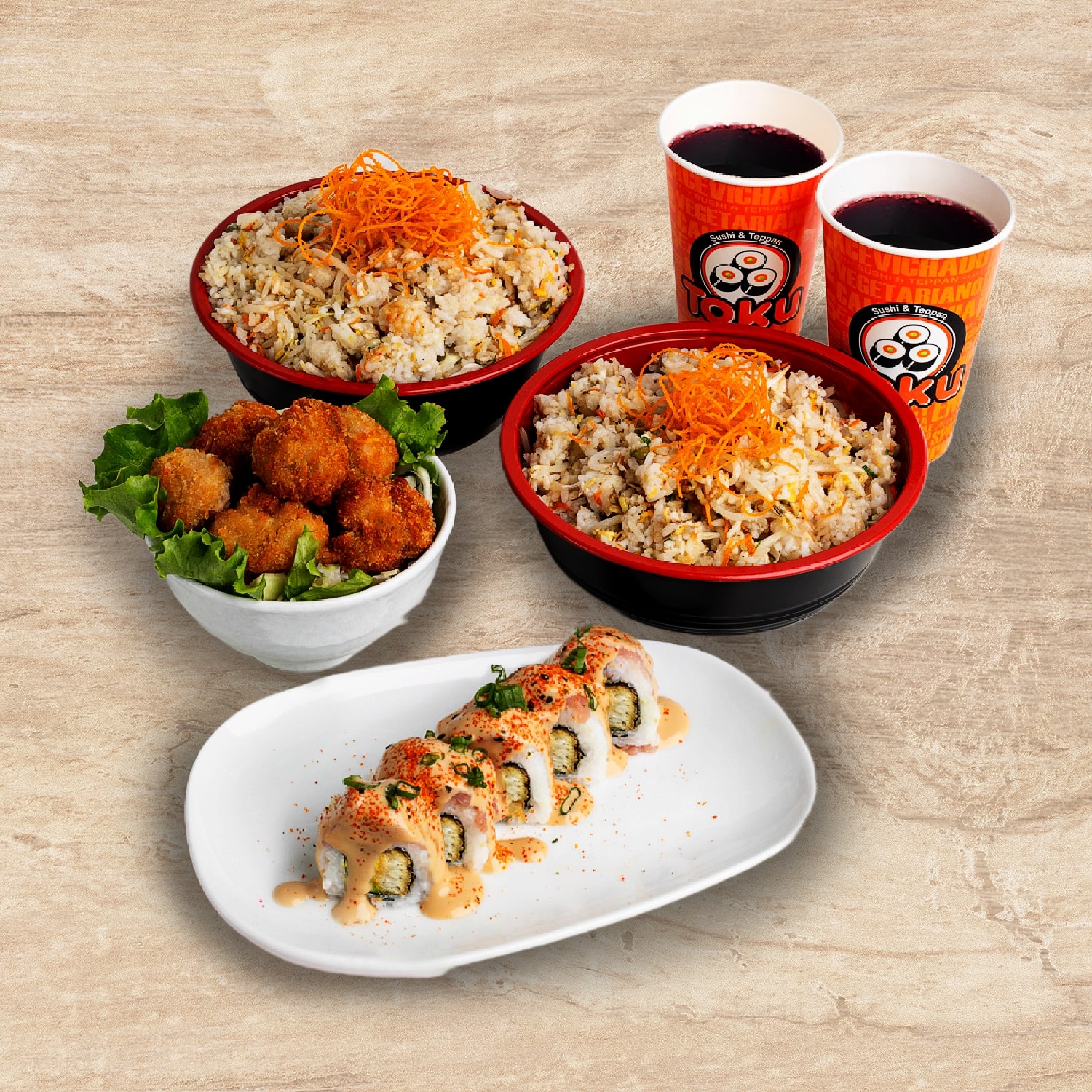 Emparejados (5 piezas de makis + 2 yakimeshi + 1 porción de pollo empanizado +2 chichas)